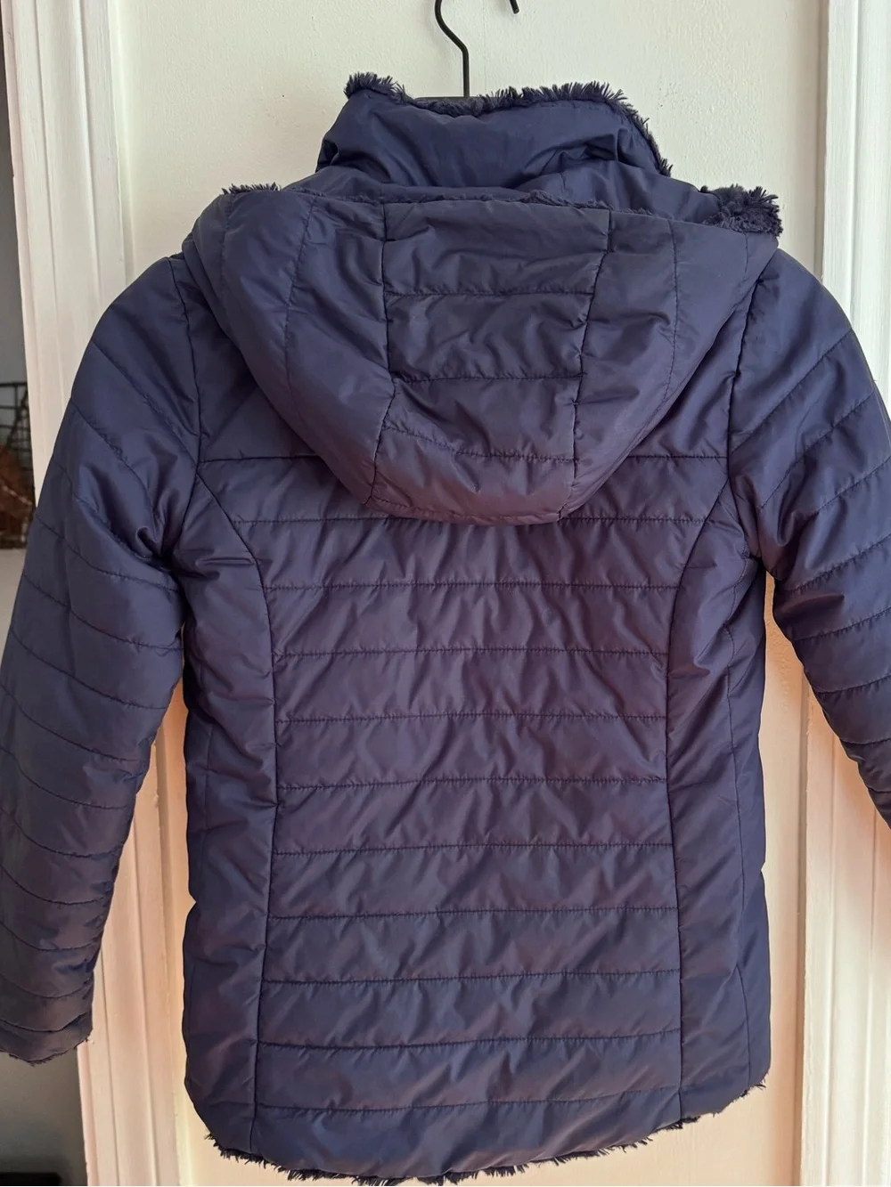 Girls North Face Navy Blue Quilted Hooded Parka Jacket Soft Plush Fleece, 7/8